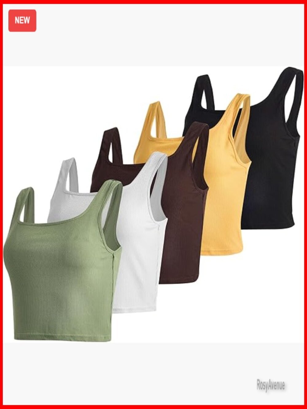 5-Pack Ribbed Square Neck Crop Tank Tops - Sleeveless Racerback Workout & Casual